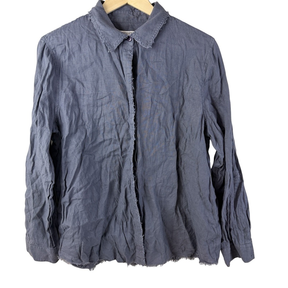 Chico's Linen Shirt Womens Size 2 Blue Raw Hem Coastal Boho Lagenlook